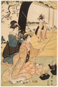 Jeune samouraï et assistantes féminines pratiquant le tir à l